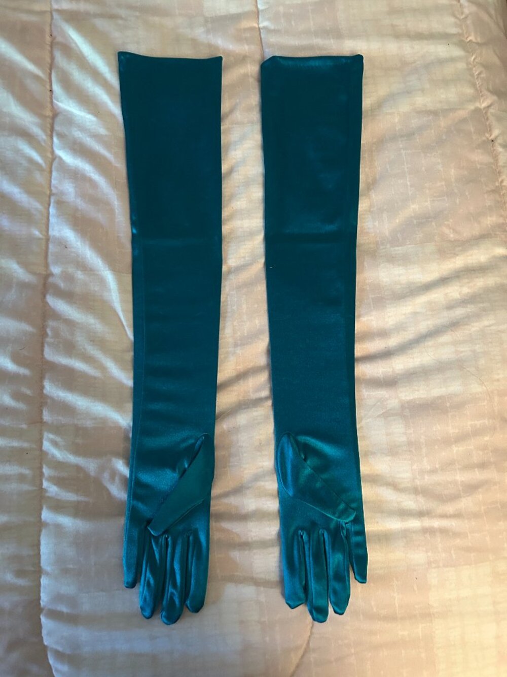 New turquoise satin shoulder length opera gloves
